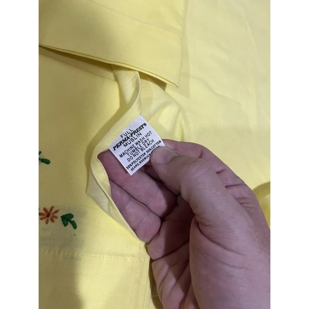 Vtg His & Hers Full Flat Sheet Birds Yellow Pillowcases Fading Screen‎ print